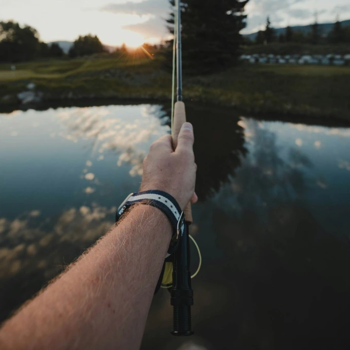 person holding silver and black stick near lake during daytime